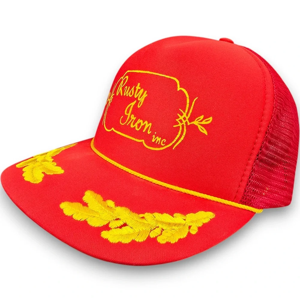 Otto Rusty Iron Inc Trucker Hat Mens Red Yellow Mesh Snapback Foam Baseball Cap